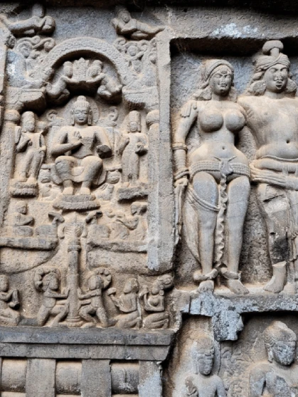 Karla Caves rock facades and surrounding hillscape in Lonavala