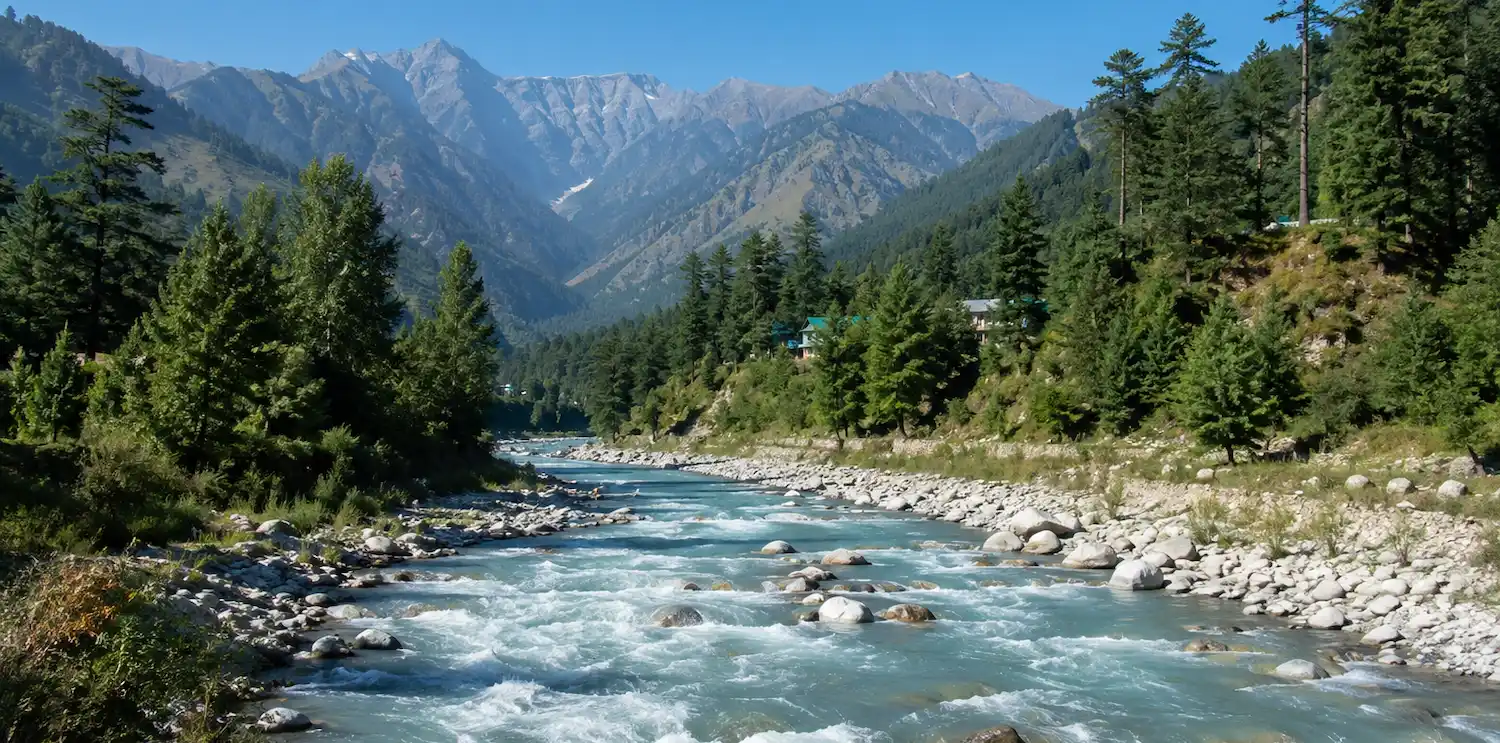 The Beas river valley near Manali seen from the Naggar road side