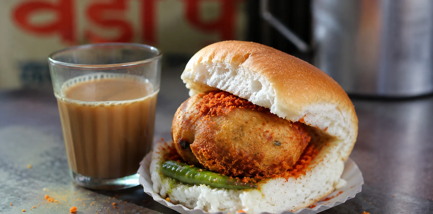Vada pav and chai at a Vile Parle eatery near Mumbai airport
