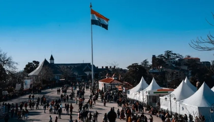 Colourful Kullu shawls and woollen stalls on Mall Road Shimla shopping street