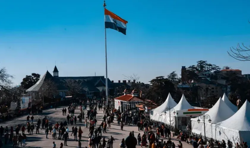 Evening view of The Ridge and Mall Road Shimla with Christ Church