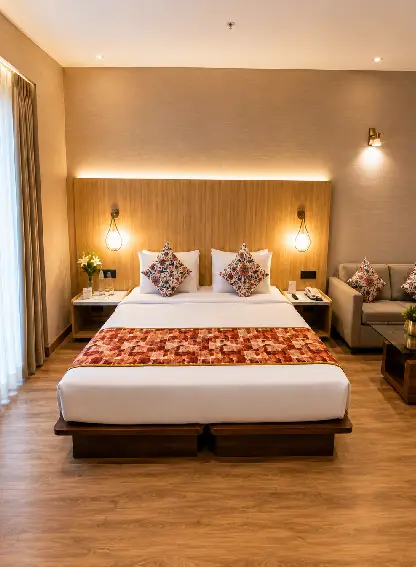 Hotel Lounge and Kaas Cafe Hotel lounge with mountain-inspired wall and indoor greenery