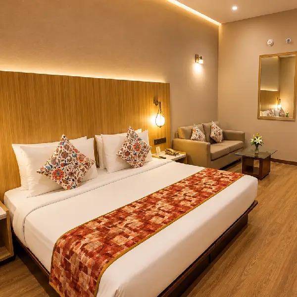 Modern Hotel Room with Sofa Modern hotel room with wood headboard and sofa
