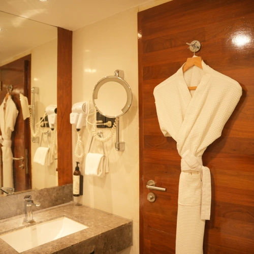 Premium in-room amenities and bathrobe at The Orchid Hotel Pune Premium in-room amenities and bathrobe at The Orchid Hotel Pune
