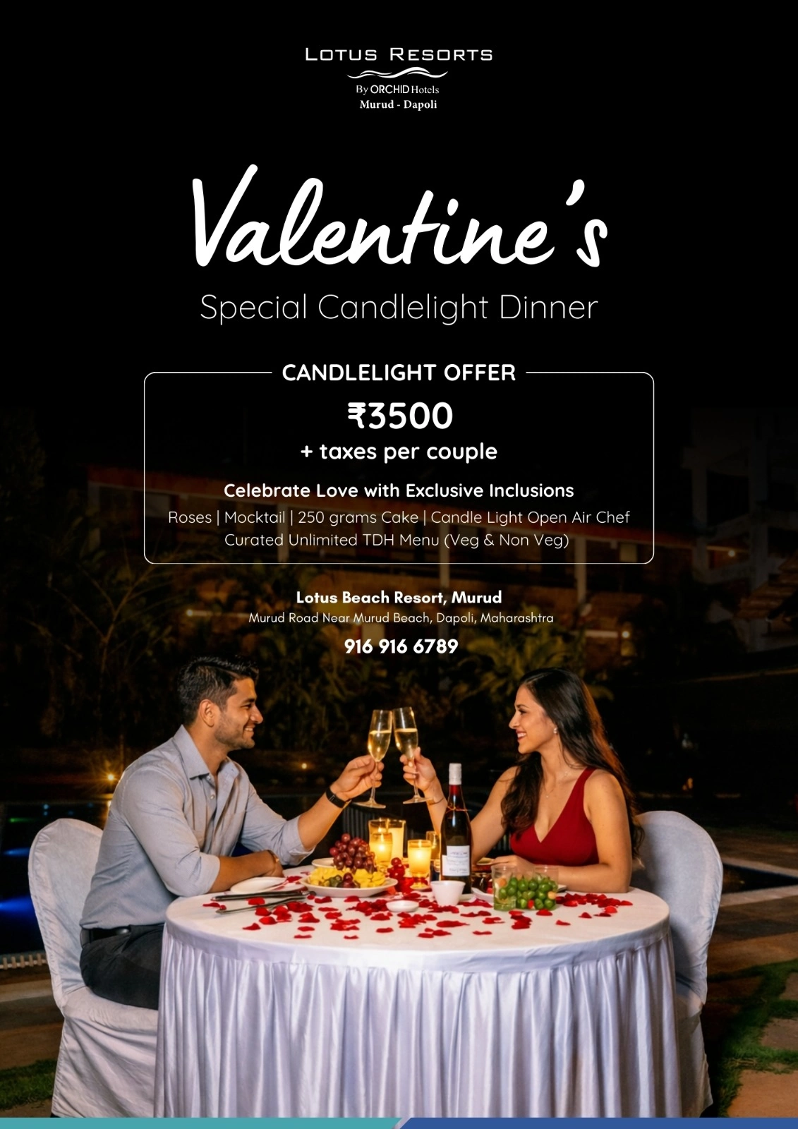 Valentine’s candlelight dinner for couples at Lotus Beach Resort Murud Dapoli with
romantic beachside dining