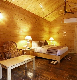 Bedroom View - Premium Forest Villa Lotus Eco Resort Konark Premium Forest Villa Bedroom in Konark – Cozy Queen-Size Bed
