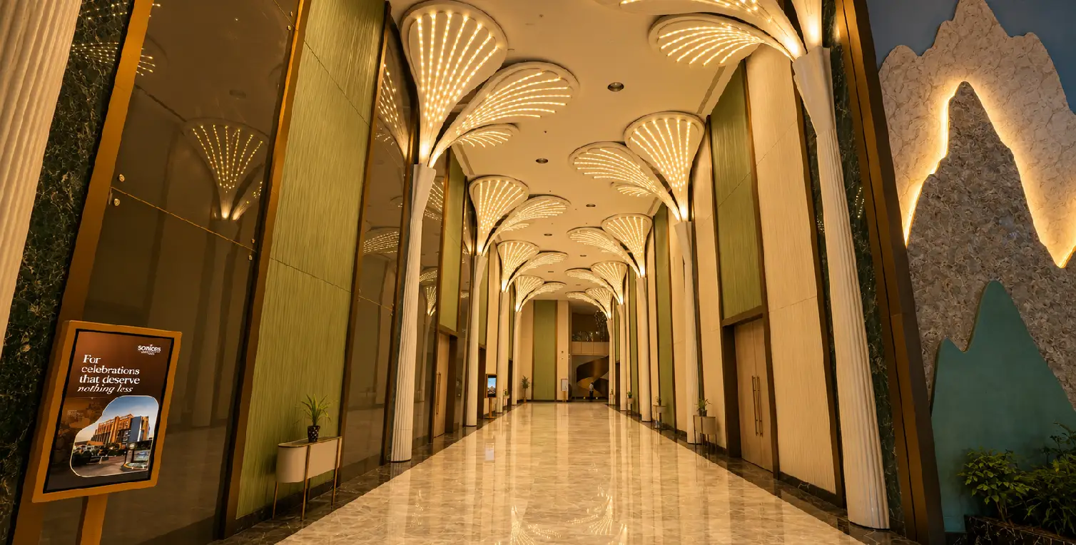 Luxury Hotel Corridor Interior Balewadi Pune Luxury hotel corridor with illuminated ceiling design at balewadi Pune