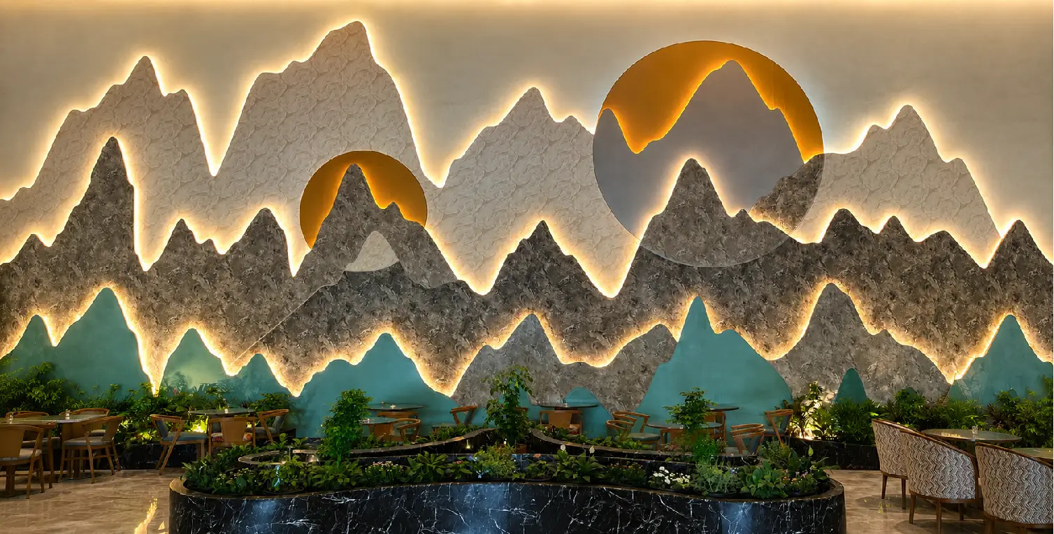 Luxury Hotel Pune Luxury hotel lounge with illuminated mountain wall design in pune