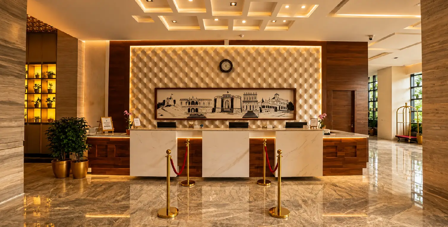 Luxury Pune Hotel Reception Area Luxury Pune hotel reception with marble desk and warm lighting