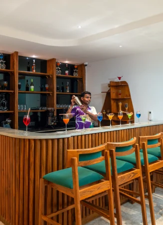 Premium bar and lounge at The Orchid Rishivan, a 5-star hotel in Rishikesh, Uttarakhand, serving signature cocktails with Valley view